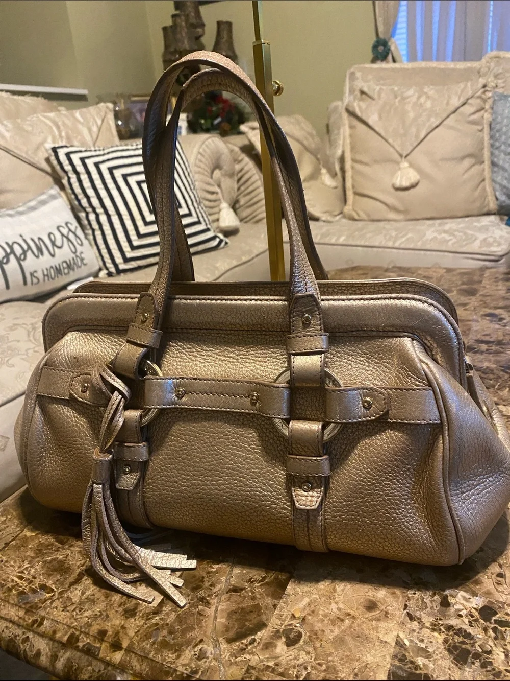 Bally Metallic Gold Leather Satchel with Tassel